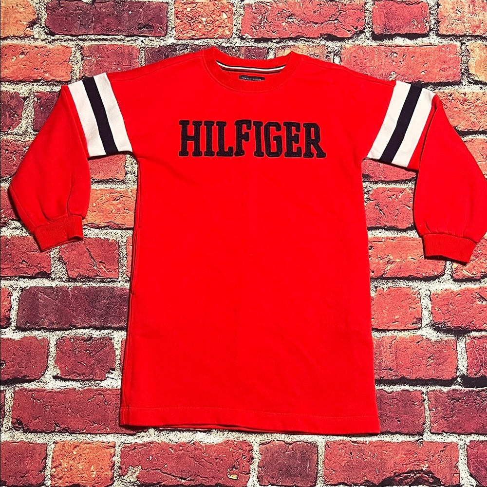 Tommy Hilfiger Red Long Sleeve Tee with Striped Sleeves